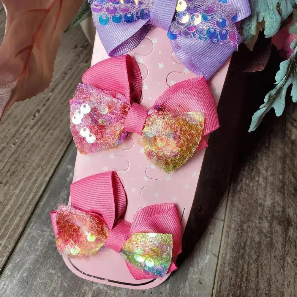 NWT Pink and Purple Ribbon Bow Sequin Girl Hair Clips Set of 4